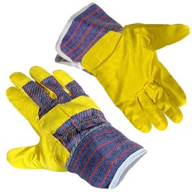 Yellow Suede Leather Work Gloves (12 Pack) - Wing Thumb Design with Safety Cuff and Striped Cotton Canvas Back