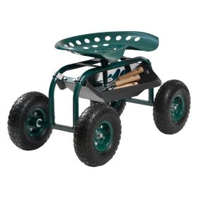 Rolling Garden Cart with Swivel Seat, Heavy Duty Garden Seat with Storage Basket & Tool Tray, 300 lbs Weight Capacity