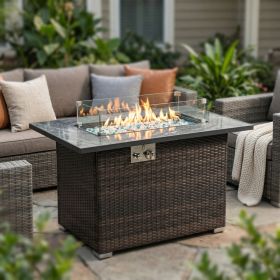 44" Propane Gas Fire Pit Table, 50000 BTU Rectangular Fire Pit, Tile Tabletop with Beautiful Wicker Base for Outside Patio Deck Garden Courtyard-