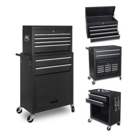 Tool Chest, 8-Drawer Rolling Tool Storage Cabinet with 2 in 1 Detachable Top Tool Box, Liner, Lockable Wheels, Side Hooks, Locking Mechanism, Met (Option: BLACK)