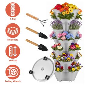 7 Tier Stackable Vertical Planter with Wheels Strawberry Planter Tower Space Saving Garden Planter with Drainage System Rolling Herb Flower Veget (Color: Grey)