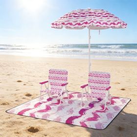 4 Pieces Beach Umbrella Set with 2 Foldable Chairs and Picnic Blanket (Color: Pink)