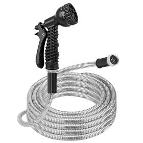 25FT/50FT/100FT Heavy Duty Stainless Steel Garden Hose Garden Watering Kit Metal Water Hose with 2 Nozzles 12 Patterns Flexible Extendable Kink T (Color: Gray, size: 25 ft)