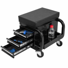 Rolling Garage Stool With 3 Drawers, Heavy Duty Mechanic Seat With Padded Vinyl Cushion, Tool Storage Cart, 350 Lbs Capacity (Option: BLACK)